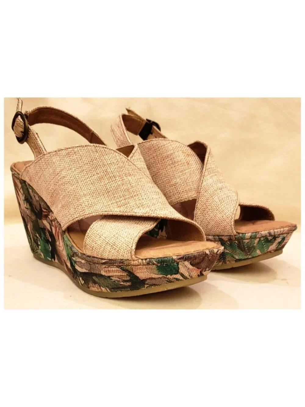 Børn Platform Wedge Slingback Sandals Size 10 Tan/Tropical Floral